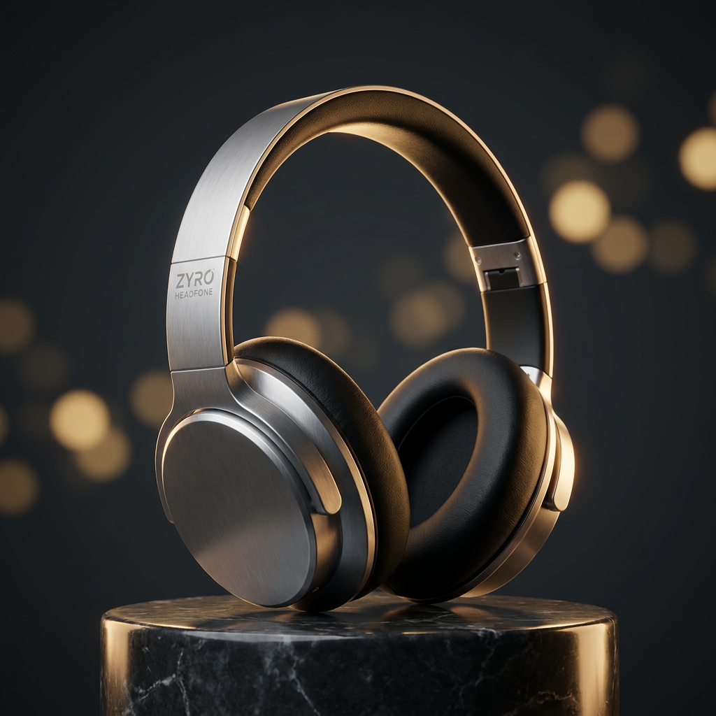 AI Design for A high-end, cinematic product photography shot of the ZYRO HEADFONE BRAND featuring a sleek, minimalist design with metallic brushed aluminum accents and soft matte black textures. The headphones are displayed on a premium, dark marble pedestal under dramatic rim lighting that highlights the ergonomic contours, set against a moody, deep charcoal studio background with soft bokeh highlights.