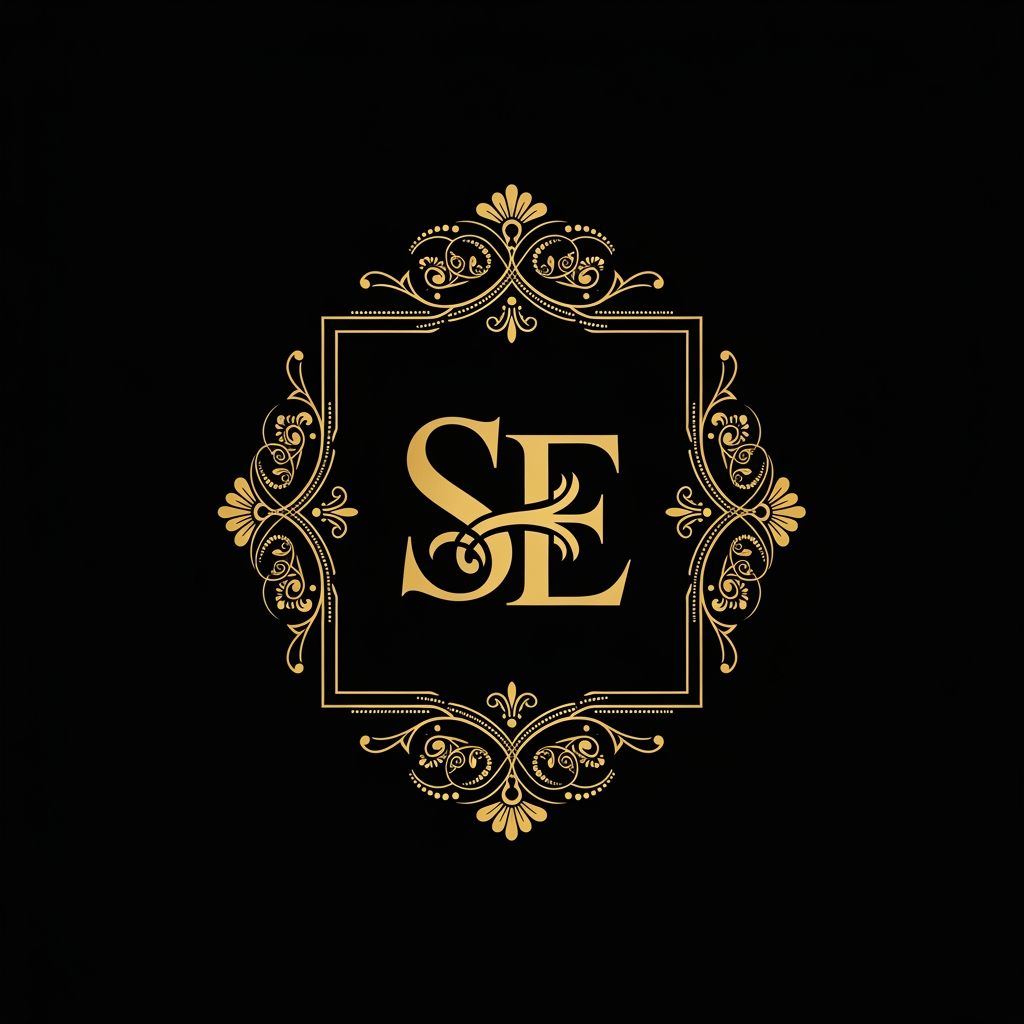 AI Design for Design a luxurious royal logo for "Sajawat Essence", golden monogram SE with elegant ornamental frame, premium beauty and fashion brand, sophisticated, feminine, timeless luxury, black background, clean vector design, suitable for social media and video branding.