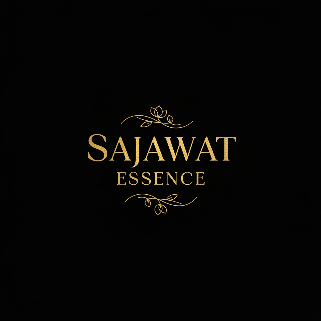 AI Design for Luxury gold logo for "Sajawat Essence", elegant serif typography, delicate floral accents, premium beauty and lifestyle brand identity, gold foil effect, minimalist and classy, black background, high-end luxury branding, professional vector logo.