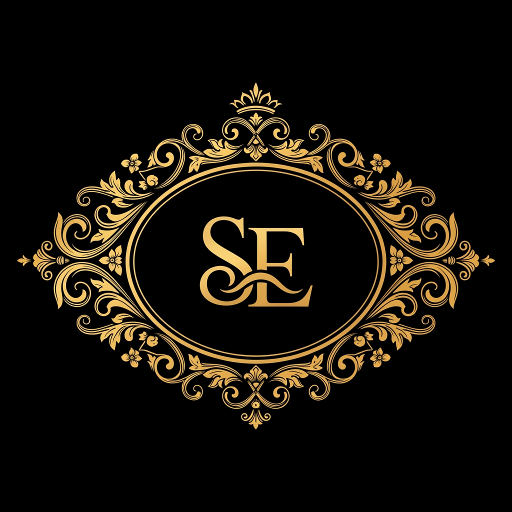 AI Design for Design a luxurious royal logo for "Sajawat Essence", golden monogram SE with elegant ornamental frame, premium beauty and fashion brand, sophisticated, feminine, timeless luxury, black background, clean vector design, suitable for social media and video branding.