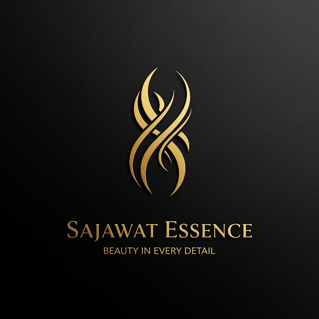 AI Design for Create an ultra-luxury logo for "Sajawat Essence". Premium metallic gold emblem with elegant flowing curves inspired by beauty, grace, and sophistication. Luxury fashion-house aesthetic, feminine and timeless. Rich matte black background with subtle texture, realistic gold foil finish, soft golden reflections, premium lighting, elegant serif typography, high-end branding, minimal yet expensive look. Suitable for Instagram profile picture, luxury beauty brand, and video watermark. Brand name: Sajawat Essence. Tagline: Beauty in Every Detail.