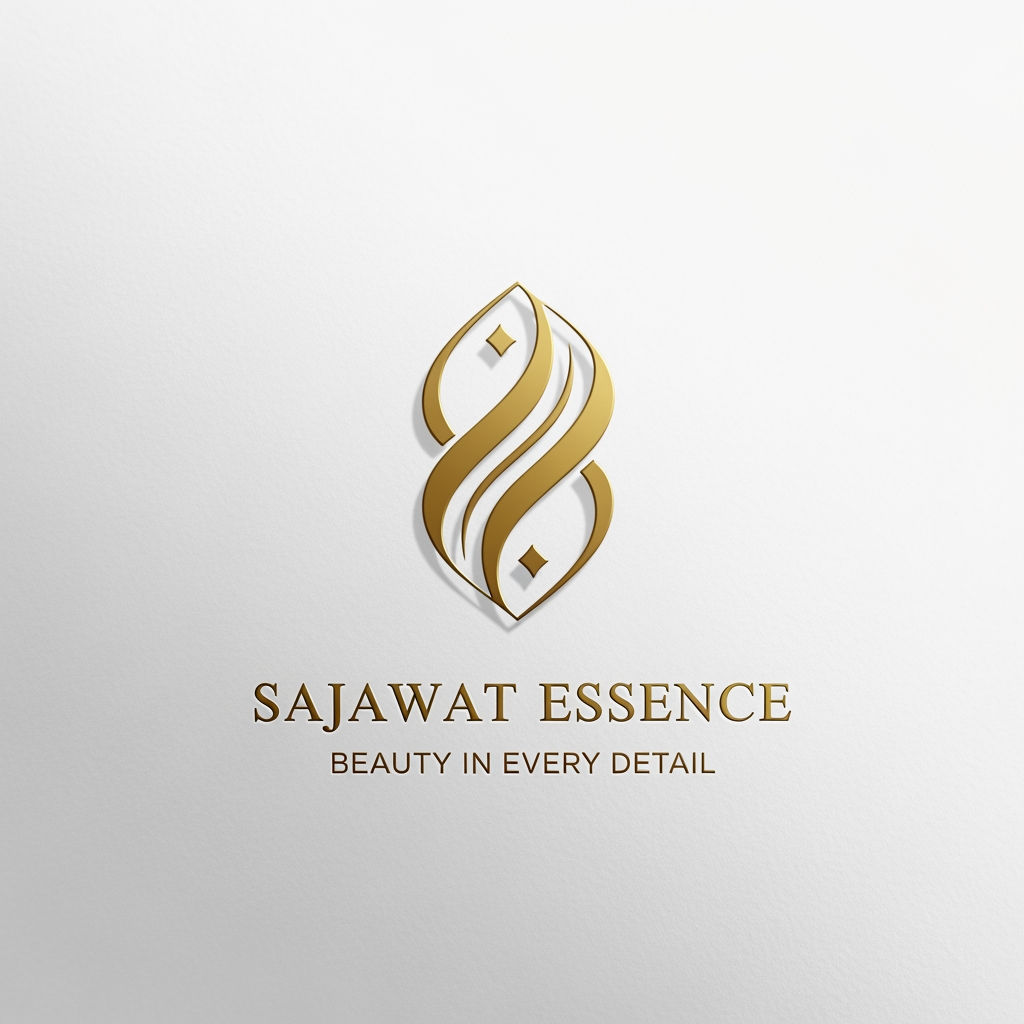 AI Design for Create an ultra-luxury logo for "Sajawat Essence". Premium metallic gold emblem with elegant flowing curves inspired by beauty, grace, and sophistication. Luxury fashion-house aesthetic, feminine and timeless. Clean ivory white background with embossed gold foil effect, subtle shadows, premium luxury branding presentation, elegant serif typography, minimalist and sophisticated look. Suitable for Instagram profile picture, luxury beauty brand, and video watermark. Brand name: Sajawat Essence. Tagline: Beauty in Every Detail.