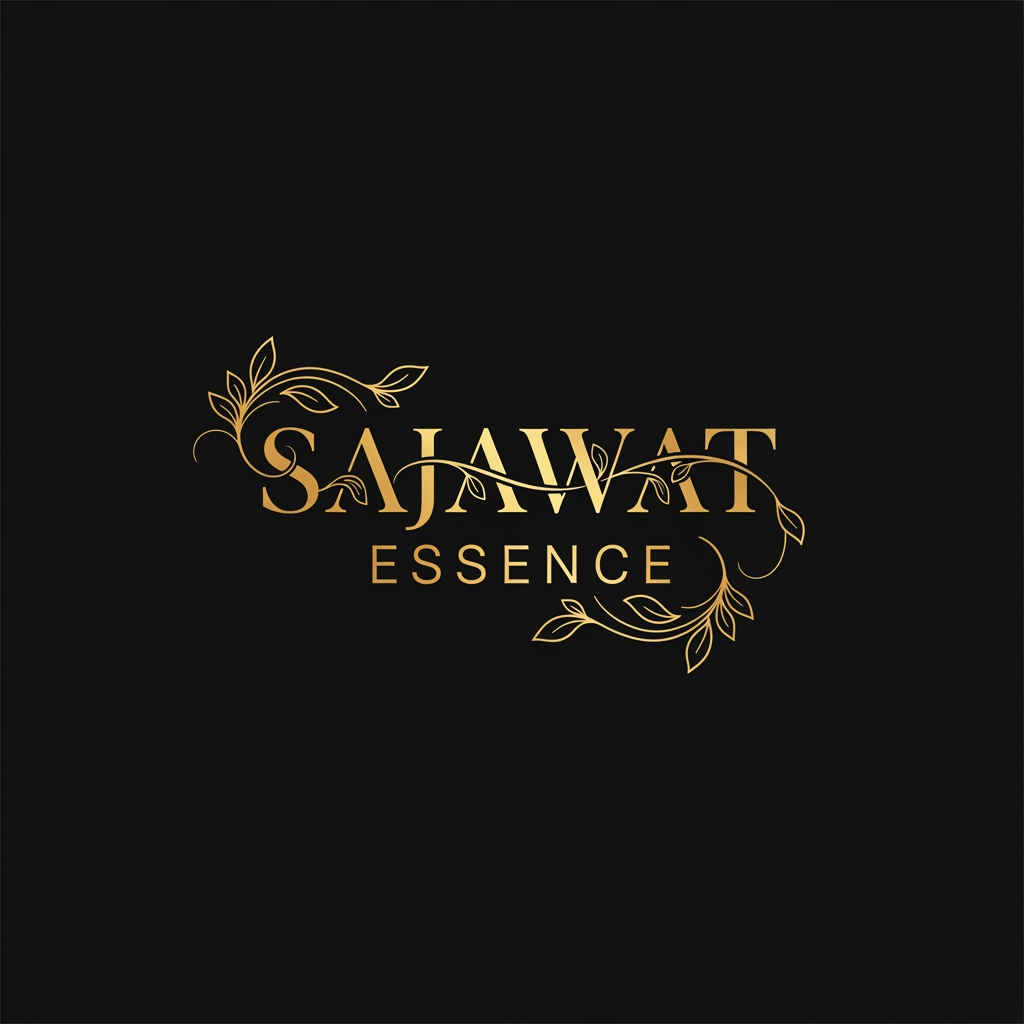 AI Design for Luxury gold logo for "Sajawat Essence", elegant serif typography, delicate floral accents, premium beauty and lifestyle brand identity, gold foil effect, minimalist and classy, black background, high-end luxury branding, professional vector logo.