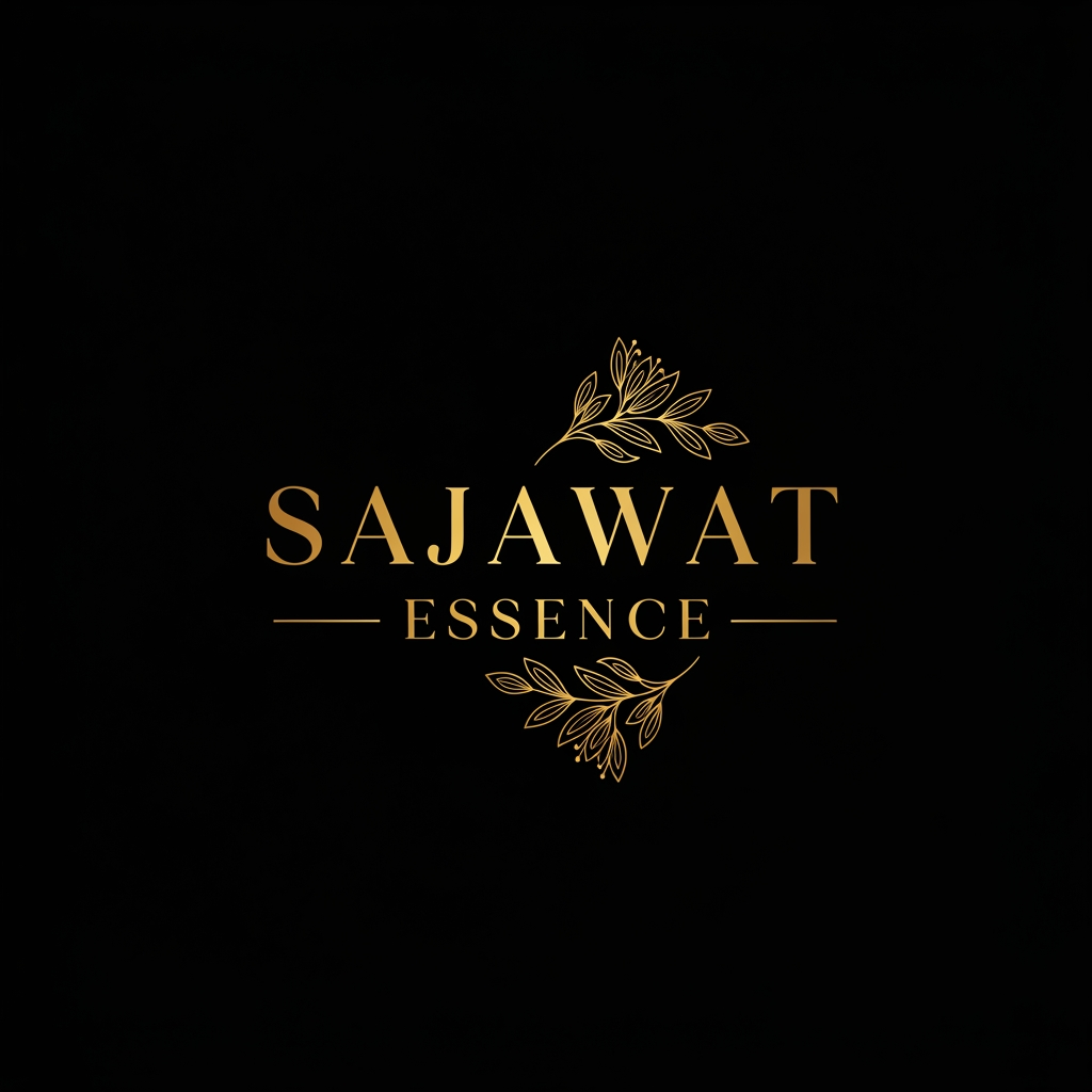 AI Design for Luxury gold logo for "Sajawat Essence", elegant serif typography, delicate floral accents, premium beauty and lifestyle brand identity, gold foil effect, minimalist and classy, black background, high-end luxury branding, professional vector logo.