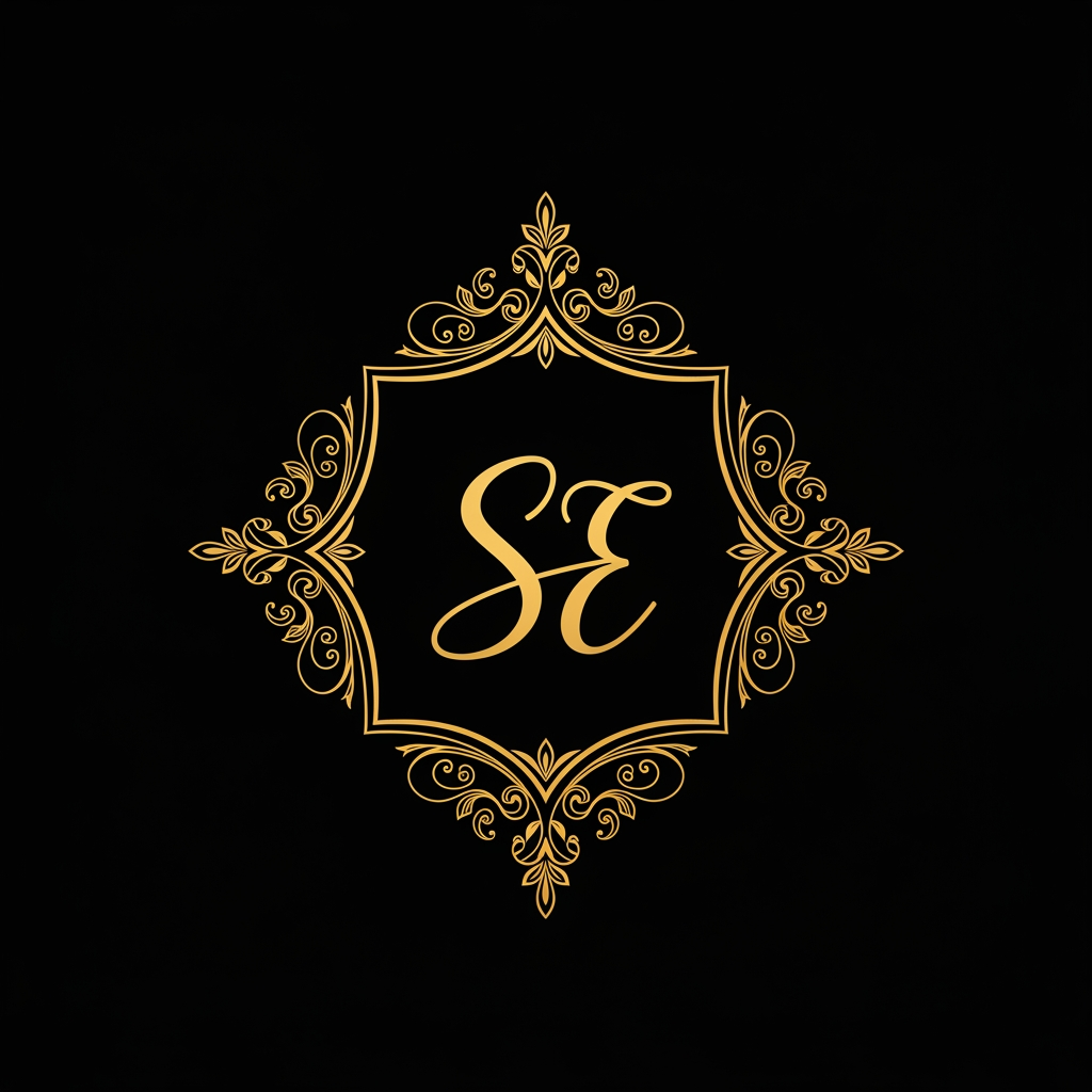 AI Design for Design a luxurious royal logo for "Sajawat Essence", golden monogram SE with elegant ornamental frame, premium beauty and fashion brand, sophisticated, feminine, timeless luxury, black background, clean vector design, suitable for social media and video branding.