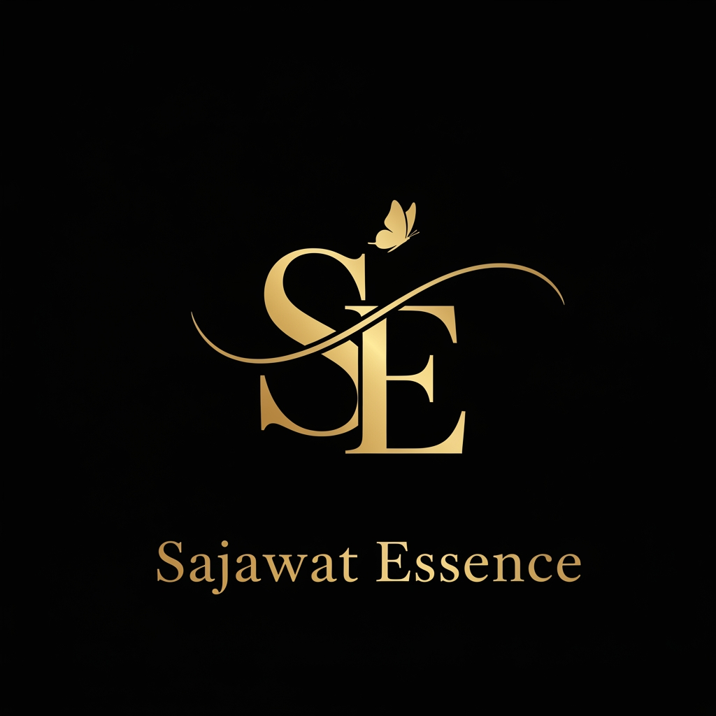 AI Design for Luxury beauty logo for Sajawat Essence, elegant gold SE monogram, stylish calligraphy S, serif E, small butterfly, black background, premium gold foil, feminine, minimal, luxury makeup brand, clean vector logo