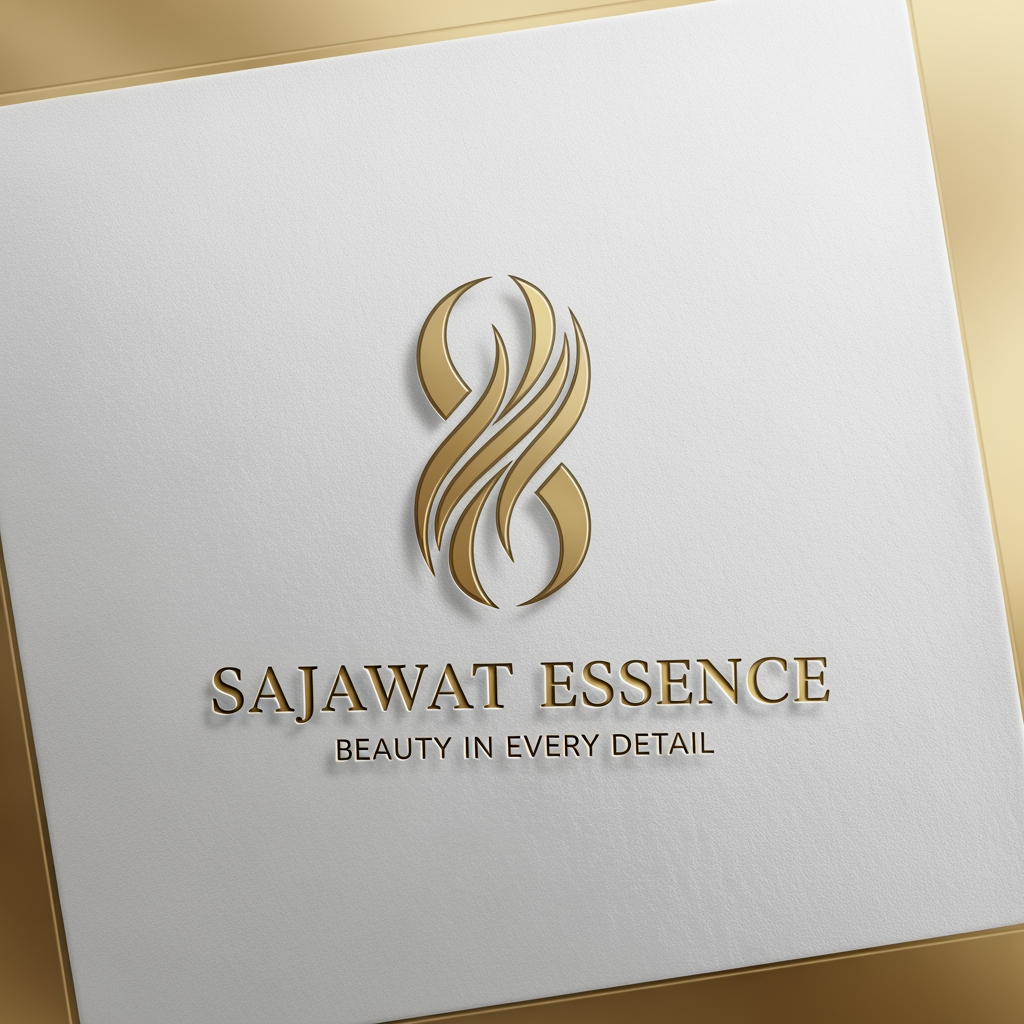 AI Design for Create an ultra-luxury logo for "Sajawat Essence". Premium metallic gold emblem with elegant flowing curves inspired by beauty, grace, and sophistication. Luxury fashion-house aesthetic, feminine and timeless. Clean ivory white background with embossed gold foil effect, subtle shadows, premium luxury branding presentation, elegant serif typography, minimalist and sophisticated look. Suitable for Instagram profile picture, luxury beauty brand, and video watermark. Brand name: Sajawat Essence. Tagline: Beauty in Every Detail.