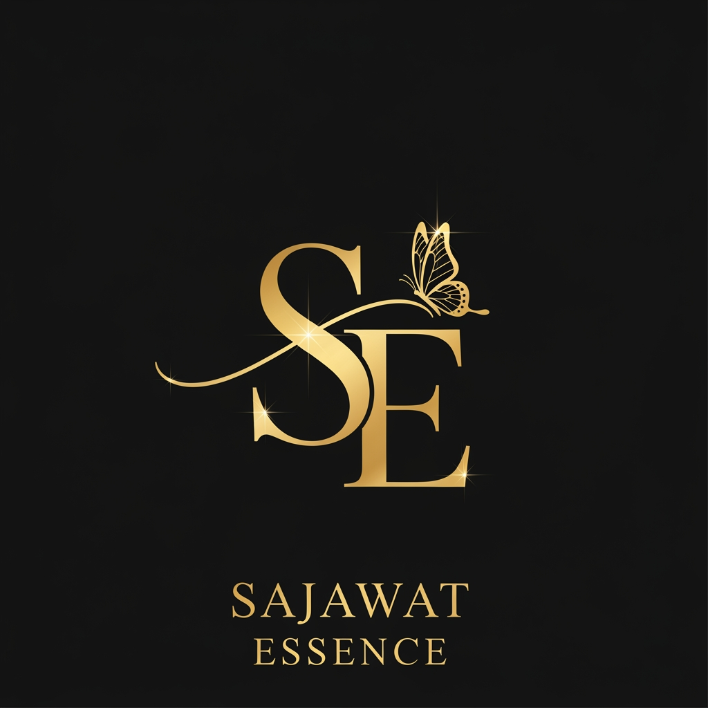 AI Design for Luxury beauty logo for Sajawat Essence, elegant gold SE monogram, stylish calligraphy S, serif E, small butterfly, black background, premium gold foil, feminine, minimal, luxury makeup brand, clean vector logo