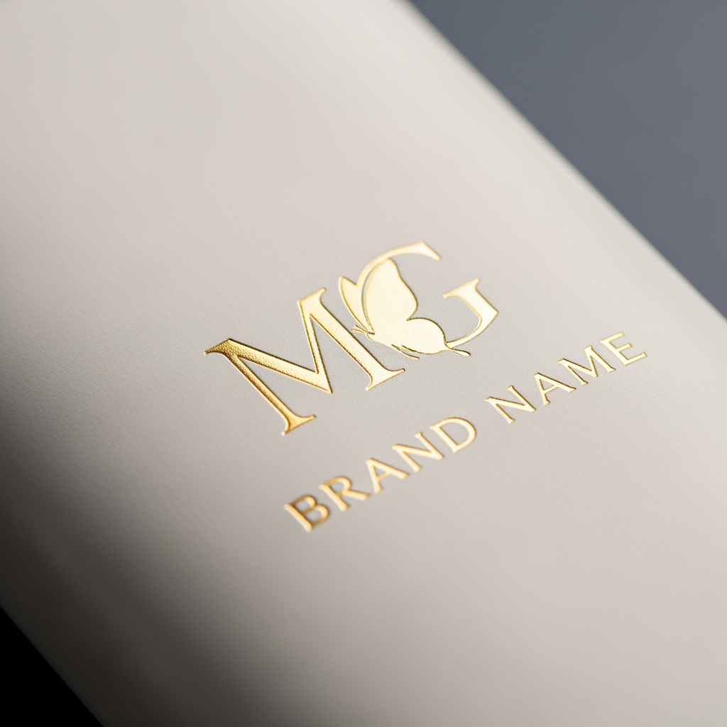 AI Design for Inspired by luxury beauty brands, ultra-clean monogram, elegant typography, minimal butterfly detail, timeless luxury, premium gold foil branding, award-winning logo design quality.