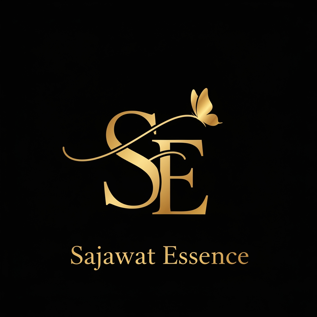 AI Design for Luxury beauty logo for Sajawat Essence, elegant gold SE monogram, stylish calligraphy S, serif E, small butterfly, black background, premium gold foil, feminine, minimal, luxury makeup brand, clean vector logo