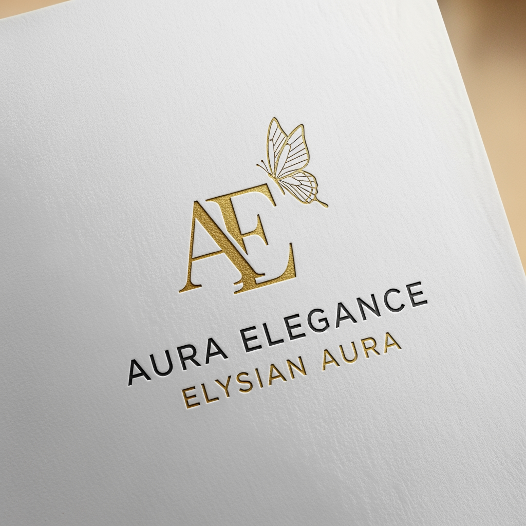 AI Design for Inspired by luxury beauty brands, ultra-clean monogram, elegant typography, minimal butterfly detail, timeless luxury, premium gold foil branding, award-winning logo design quality.
