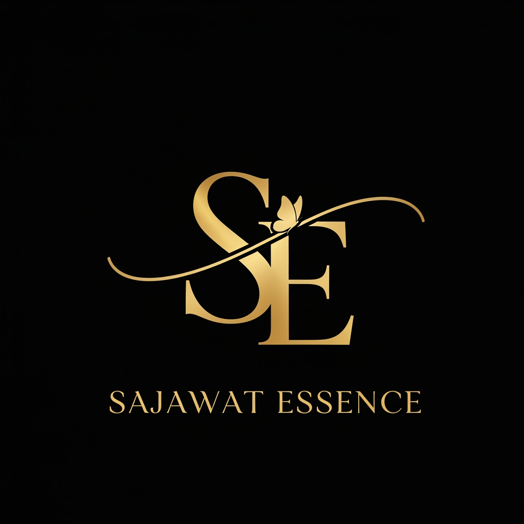 AI Design for Luxury beauty logo for Sajawat Essence, elegant gold SE monogram, stylish calligraphy S, serif E, small butterfly, black background, premium gold foil, feminine, minimal, luxury makeup brand, clean vector logo