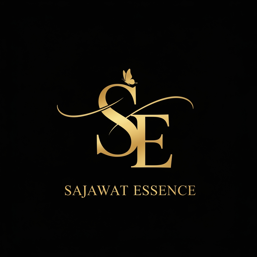 AI Design for Luxury beauty logo for Sajawat Essence, elegant gold SE monogram, stylish calligraphy S, serif E, small butterfly, black background, premium gold foil, feminine, minimal, luxury makeup brand, clean vector logo