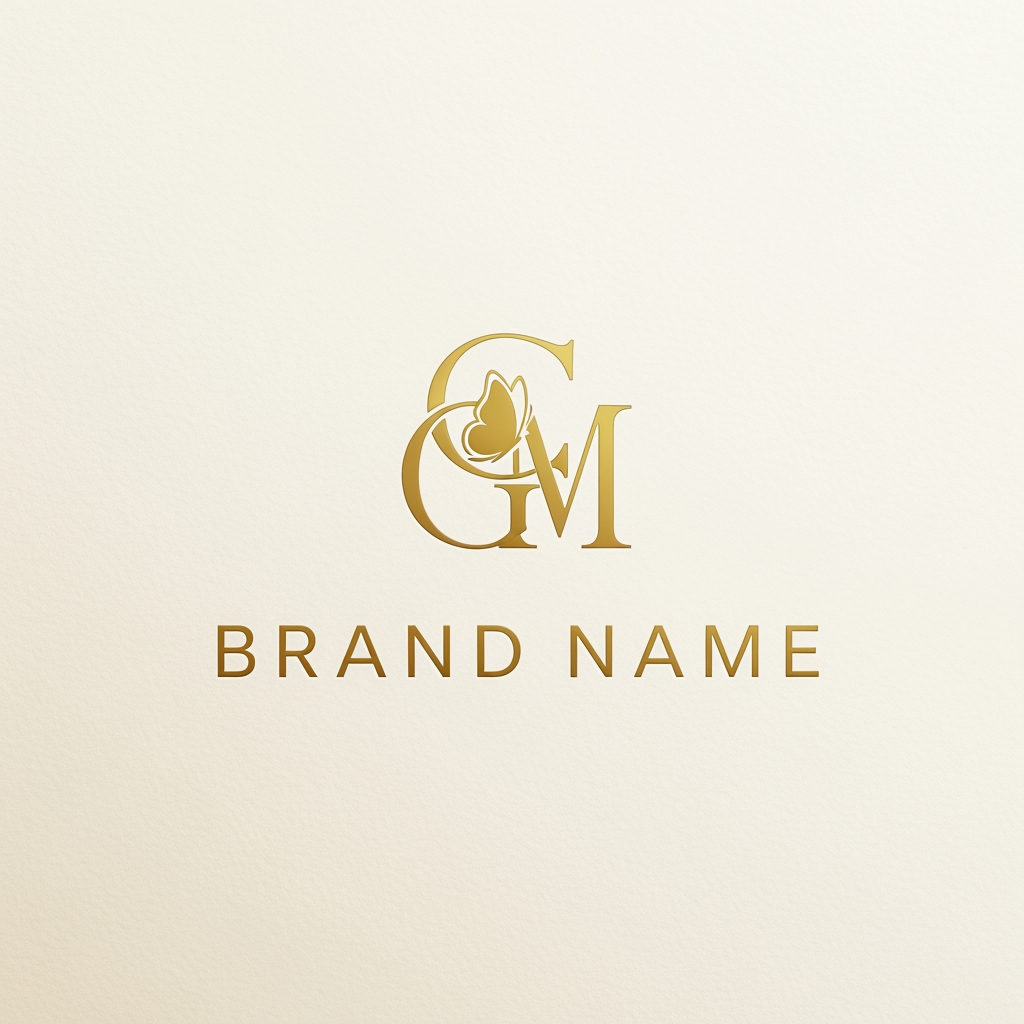 AI Design for Inspired by luxury beauty brands, ultra-clean monogram, elegant typography, minimal butterfly detail, timeless luxury, premium gold foil branding, award-winning logo design quality.