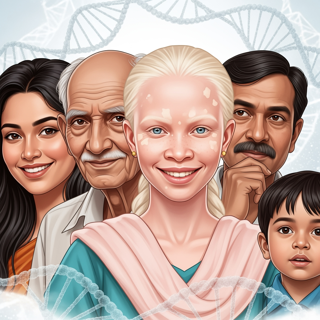 AI Design for Create an illustration featuring 4–5 Indian faces from diverse backgrounds and age groups, arranged side by side. At the center, include an Indian individual with albinism portrayed confidently and naturally—smiling and making eye contact with the viewer. A subtle DNA helix weaves behind the portraits, symbolizing our shared genetic connection. Avoid making the person with albinism look isolated or different; instead, present them as an equal part of the group.