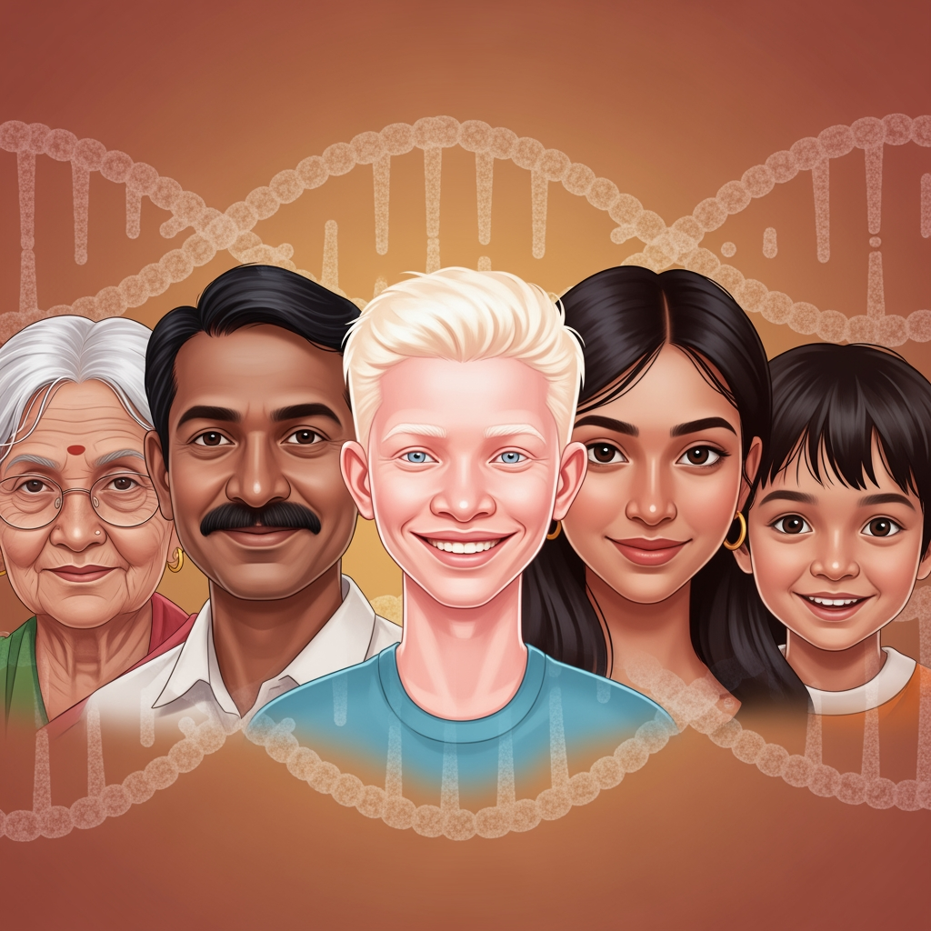 AI Design for Create an illustration featuring 4–5 Indian faces from diverse backgrounds and age groups, arranged side by side. At the center, include an Indian individual with albinism portrayed confidently and naturally—smiling and making eye contact with the viewer. A subtle DNA helix weaves behind the portraits, symbolizing our shared genetic connection. Avoid making the person with albinism look isolated or different; instead, present them as an equal part of the group.