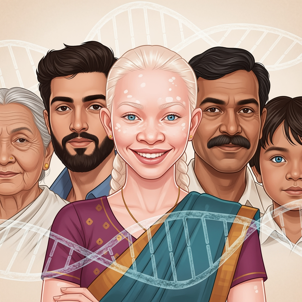 AI Design for Create an illustration featuring 4–5 Indian faces from diverse backgrounds and age groups, arranged side by side. At the center, include an Indian individual with albinism portrayed confidently and naturally—smiling and making eye contact with the viewer. A subtle DNA helix weaves behind the portraits, symbolizing our shared genetic connection. Avoid making the person with albinism look isolated or different; instead, present them as an equal part of the group.