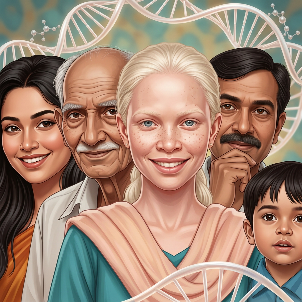 AI Design for Create an illustration featuring 4–5 Indian faces from diverse backgrounds and age groups, arranged side by side. At the center, include an Indian individual with albinism portrayed confidently and naturally—smiling and making eye contact with the viewer. A subtle DNA helix weaves behind the portraits, symbolizing our shared genetic connection. Avoid making the person with albinism look isolated or different; instead, present them as an equal part of the group.
I want somthing realstic and decent