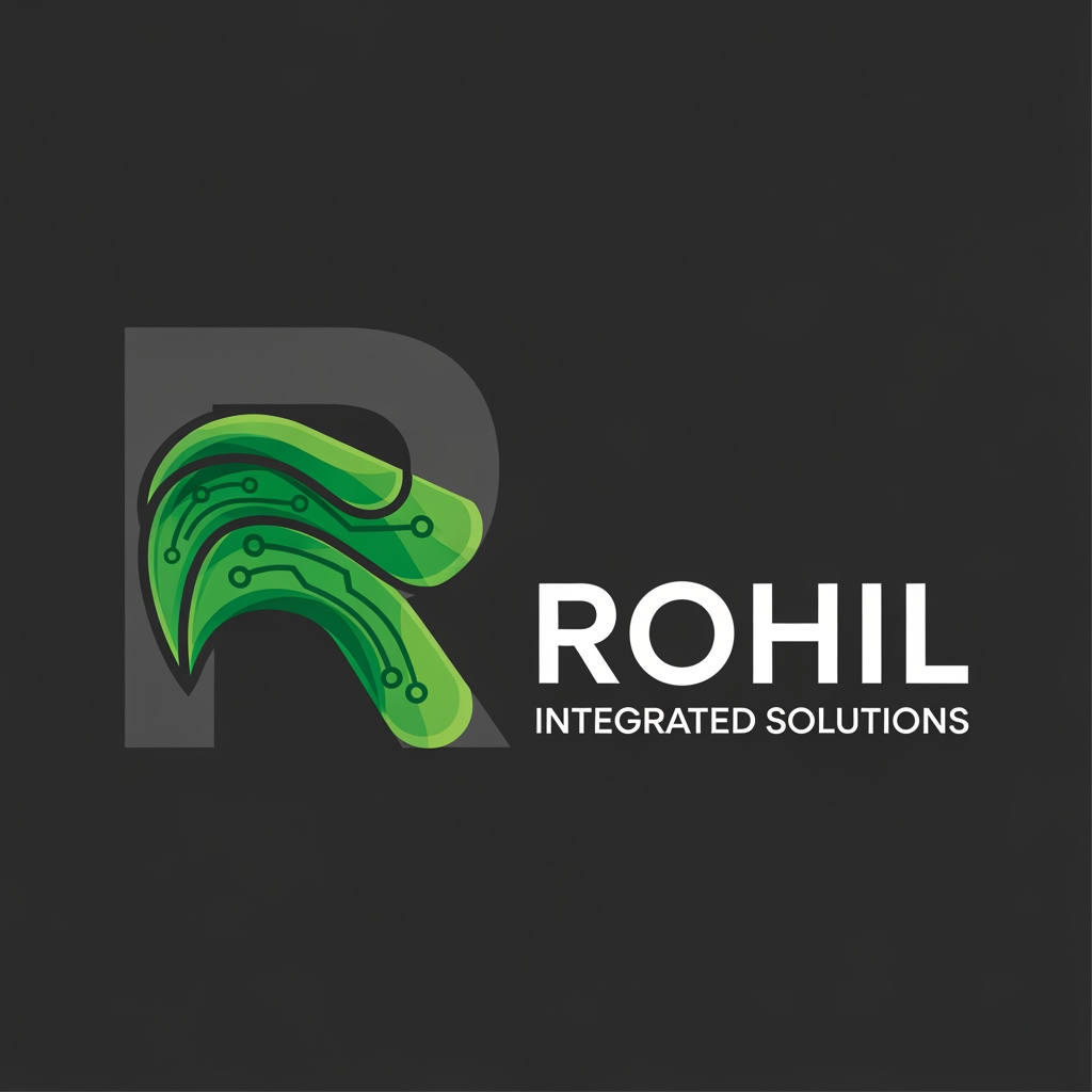 AI Design for I need a logo for my business Rohil Integrated Solutions with R Bold and thick i need unique logo with drak grey and green colour