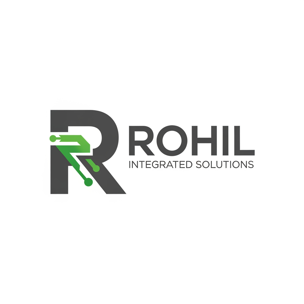 AI Design for I need a logo for my business Rohil Integrated Solutions with R Bold and thick i need unique logo with drak grey and green colour