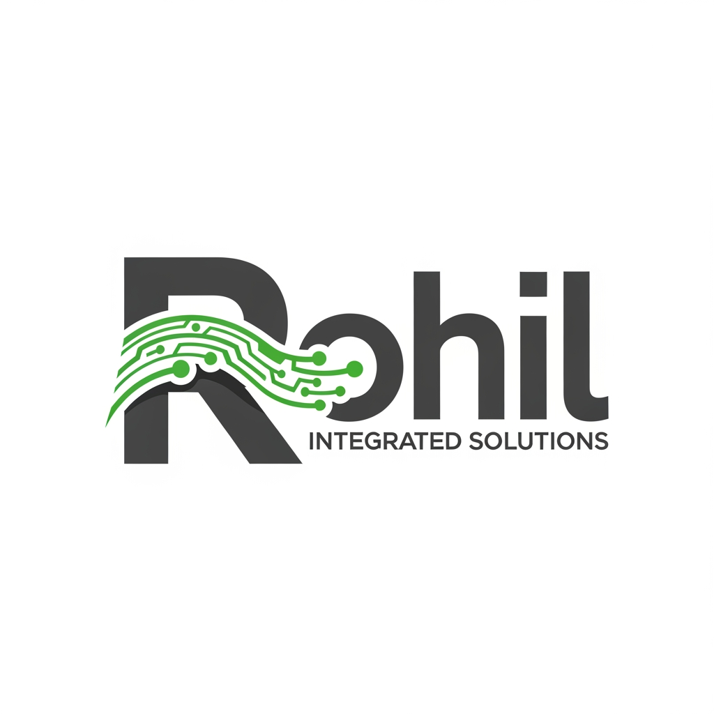 AI Design for I need a logo for my business Rohil Integrated Solutions with R Bold and thick i need unique logo with drak grey and green colour