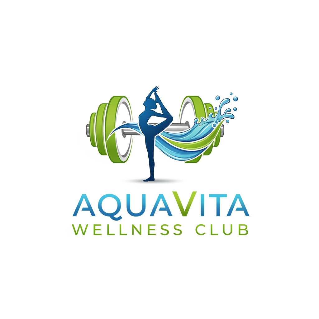 AI Design for AquaVita Wellness Club LOGO WITH DUMBLES AND WATER ,YOGA