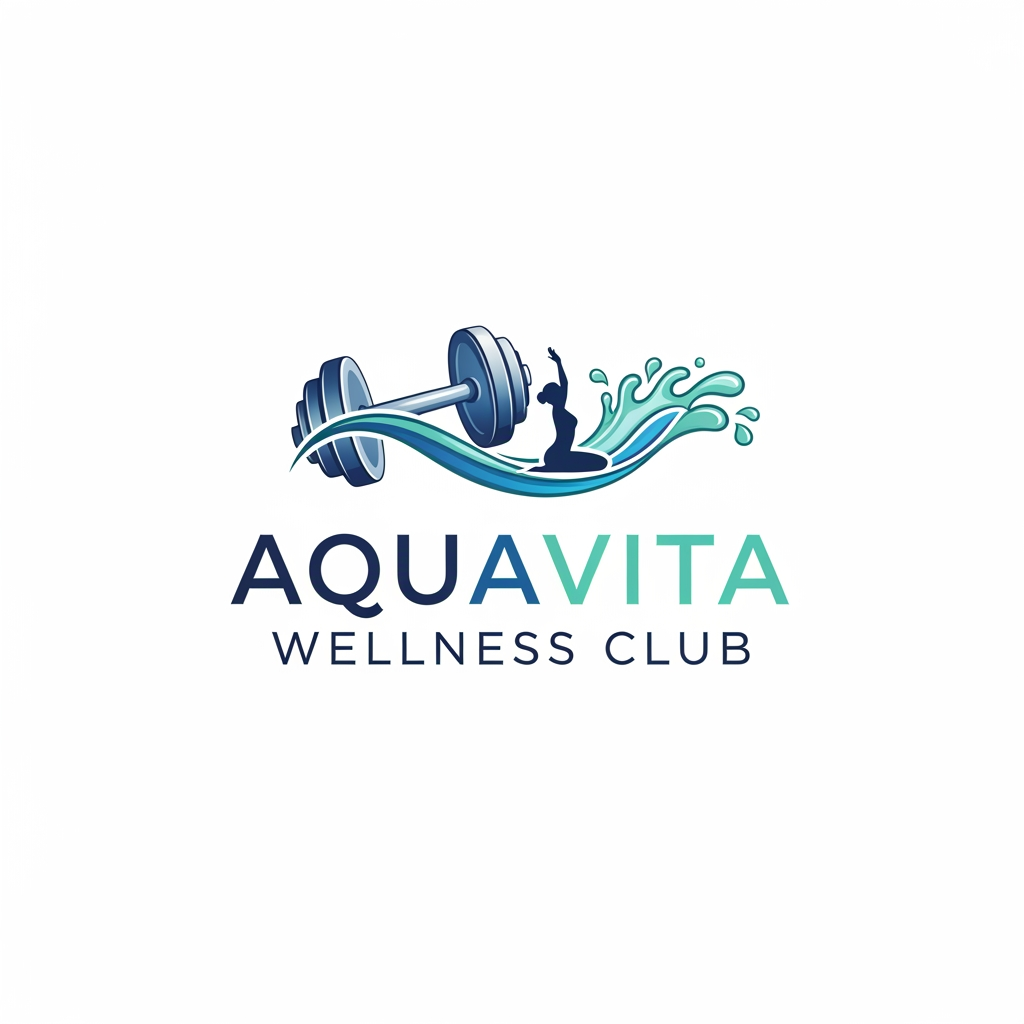 AI Design for AquaVita Wellness Club LOGO WITH DUMBLES AND WATER ,YOGA
