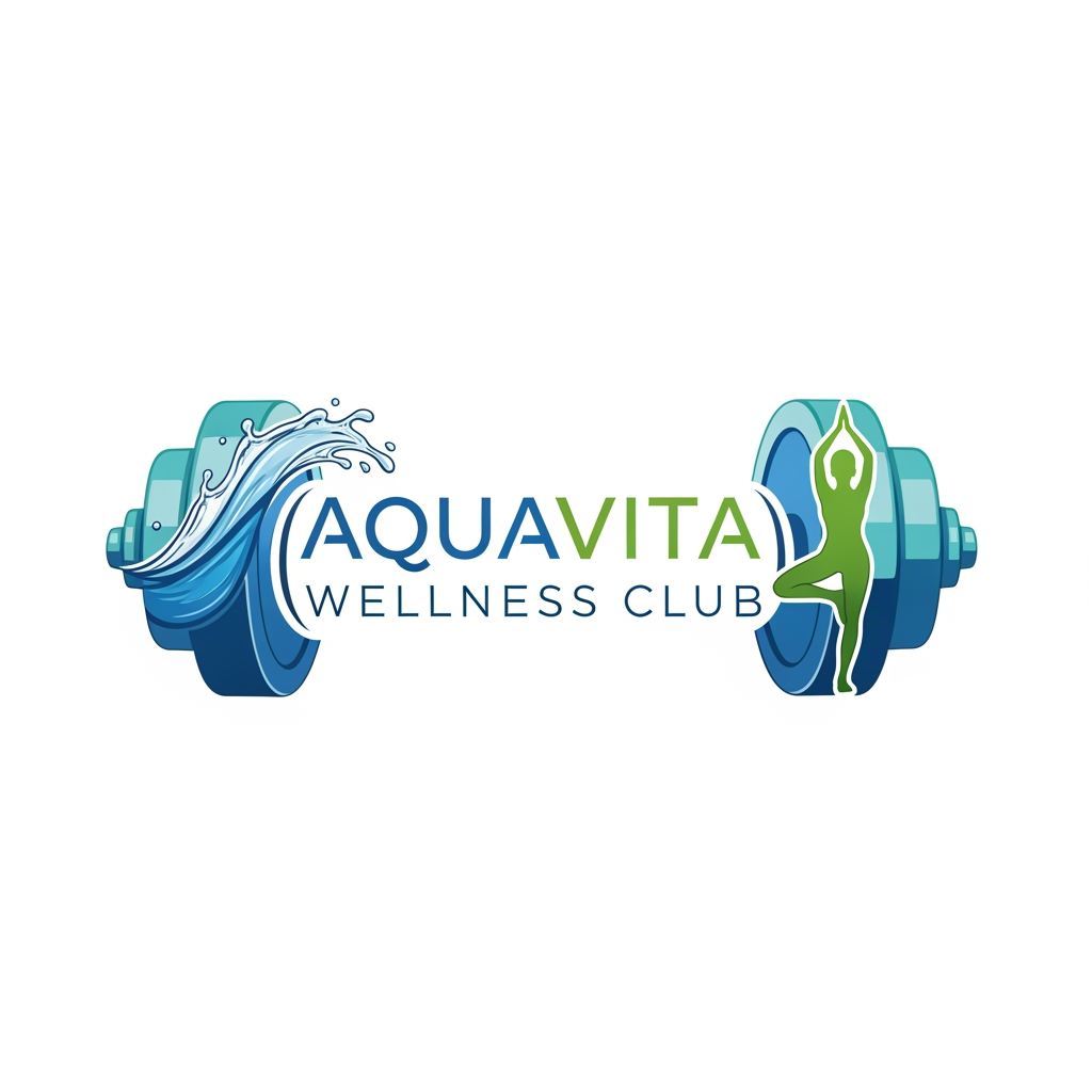 AI Design for AquaVita Wellness Club LOGO WITH DUMBLES AND WATER ,YOGA