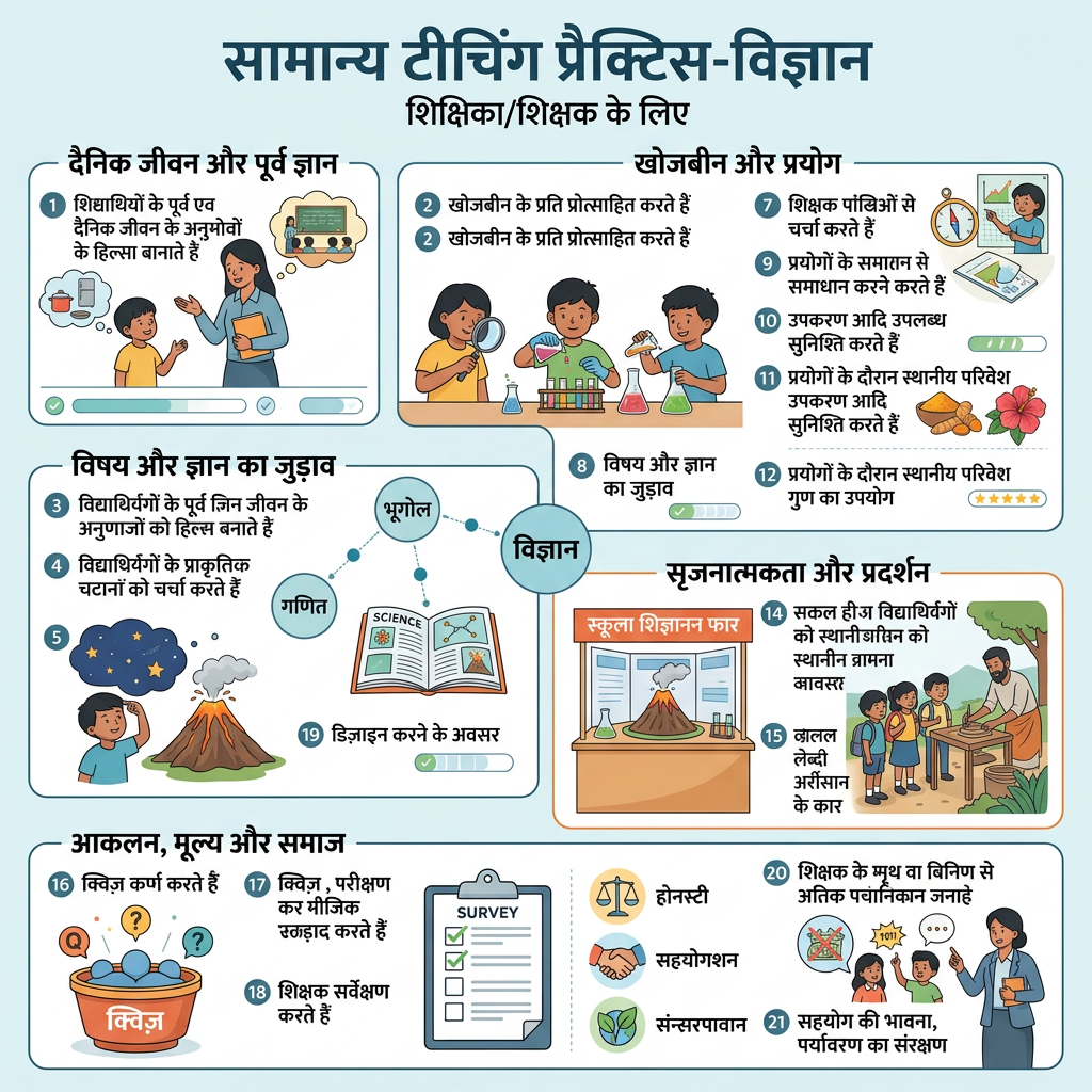 AI Design for make poster of this teaching practices in hindi with correct spelling and make intereactive and creative but simple