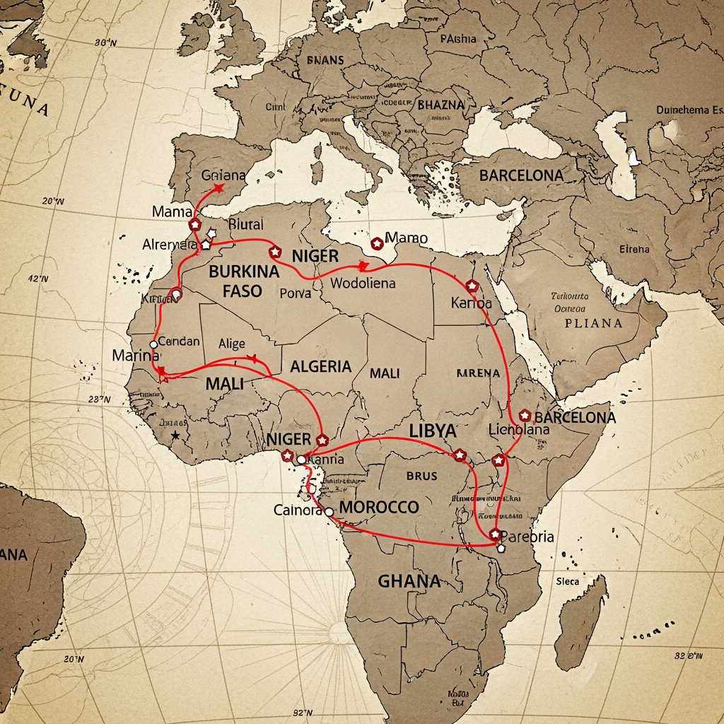 AI Design for Ghana, Burkina Faso, Malí, Níger, Argelia, Libia, Marruecos y finalmente barcelona Fes el recorregut que va fer l’Ousman amb un mapa d’Àfrica marcant les ciutats i els països pels que va passant fins arribar a Barcelona.