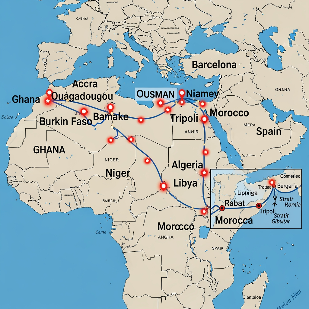 AI Design for Ghana, Burkina Faso, Malí, Níger, Argelia, Libia, Marruecos y finalmente barcelona Fes el recorregut que va fer l’Ousman amb un mapa d’Àfrica marcant les ciutats i els països pels que va passant fins arribar a Barcelona.
