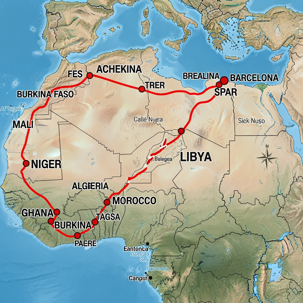 AI Design for Ghana, Burkina Faso, Malí, Níger, Argelia, Libia, Marruecos y finalmente barcelona Fes el recorregut que va fer l’Ousman amb un mapa d’Àfrica marcant les ciutats i els països pels que va passant fins arribar a Barcelona.