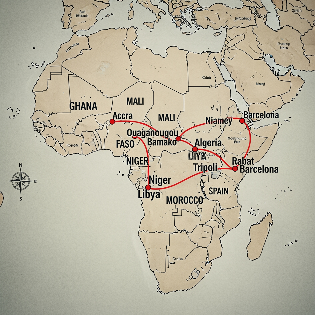 AI Design for Ghana, Burkina Faso, Malí, Níger, Argelia, Libia, Marruecos y finalmente barcelona Fes el recorregut que va fer l’Ousman amb un mapa d’Àfrica marcant les ciutats i els països pels que va passant fins arribar a Barcelona.