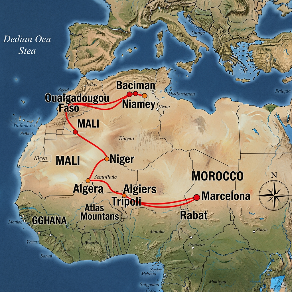 AI Design for Ghana, Burkina Faso, Malí, Níger, Argelia, Libia, Marruecos y finalmente barcelona Fes el recorregut que va fer l’Ousman amb un mapa d’Àfrica marcant les ciutats i els països pels que va passant fins arribar a Barcelona.