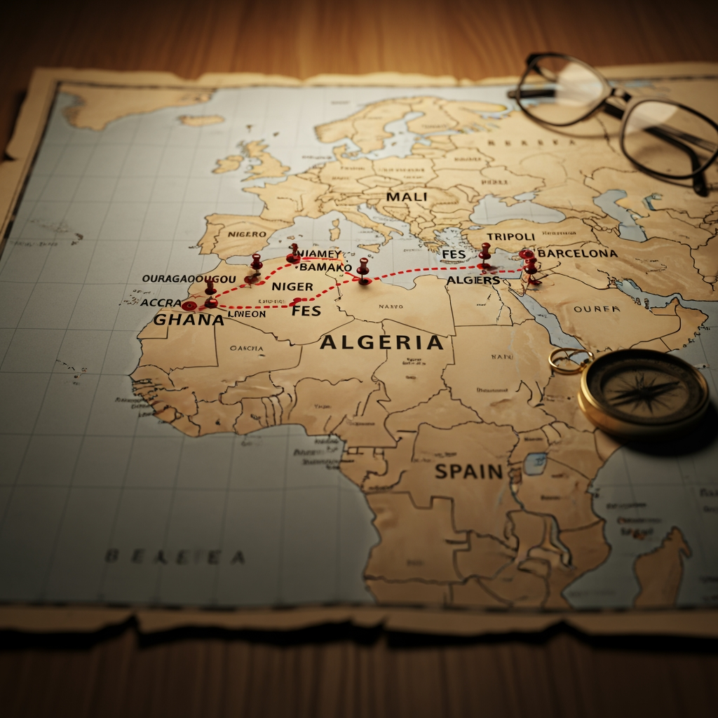 AI Design for Ghana, Burkina Faso, Malí, Níger, Argelia, Libia, Marruecos y finalmente barcelona Fes el recorregut que va fer l’Ousman amb un mapa d’Àfrica marcant les ciutats i els països pels que va passant fins arribar a Barcelona.