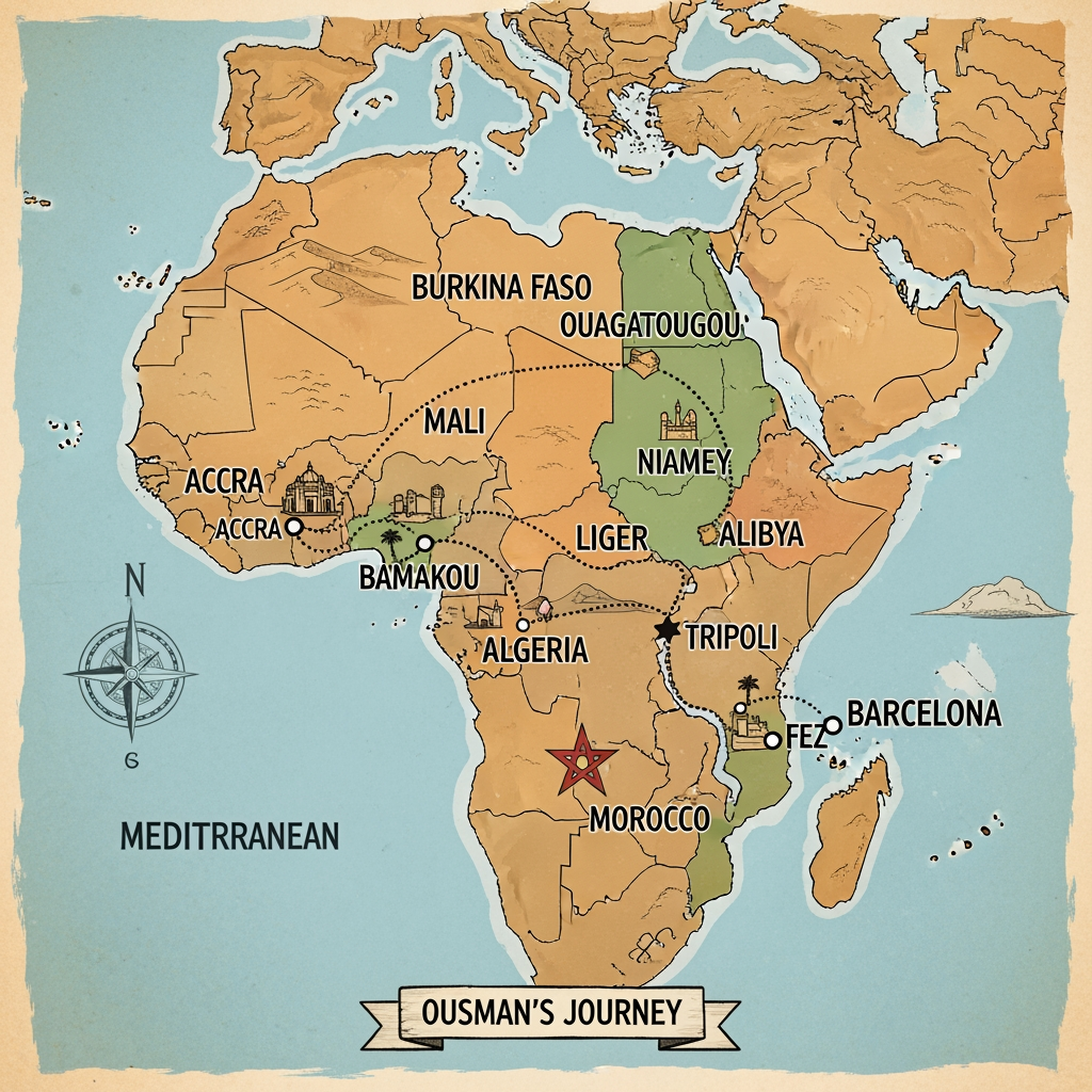 AI Design for Ghana, Burkina Faso, Malí, Níger, Argelia, Libia, Marruecos y finalmente barcelona Fes el recorregut que va fer l’Ousman amb un mapa d’Àfrica marcant les ciutats i els països pels que va passant fins arribar a Barcelona.