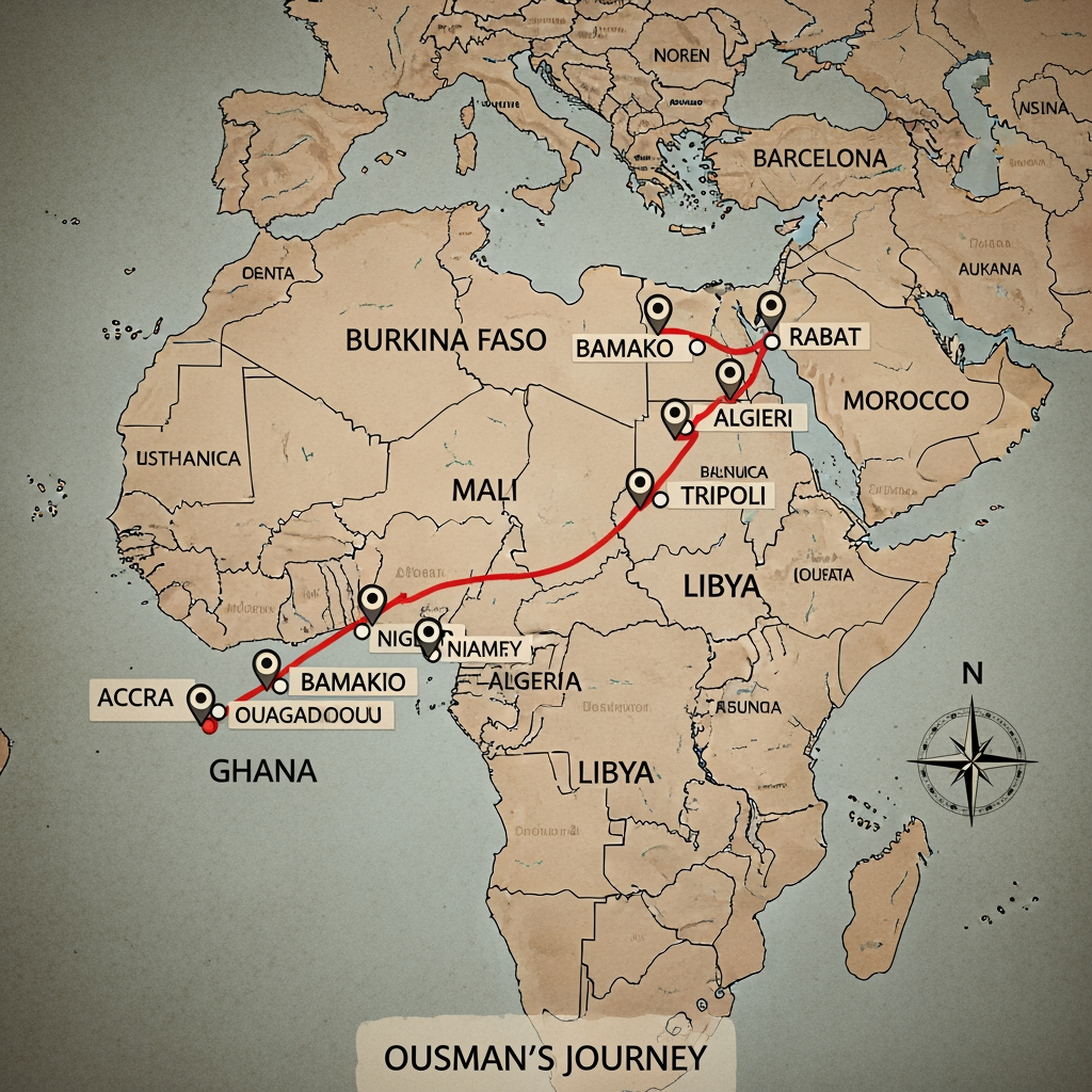 AI Design for Ghana, Burkina Faso, Malí, Níger, Argelia, Libia, Marruecos y finalmente barcelona Fes el recorregut que va fer l’Ousman amb un mapa d’Àfrica marcant les ciutats i els països pels que va passant fins arribar a Barcelona.