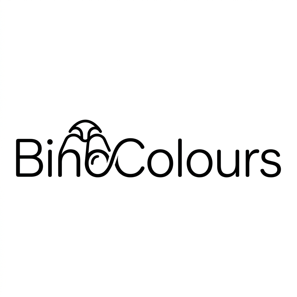 AI Design for A minimalist one-line logo design for a discovery platform called BinoColours, featuring a clever visual integration of binocular lenses into the typography. The design should be sleek, continuous, and monochromatic, symbolizing deep exploration into nature, science, and history. Use clean, fluid lines that evoke curiosity and precision, suitable for both a favicon and a professional wordmark.