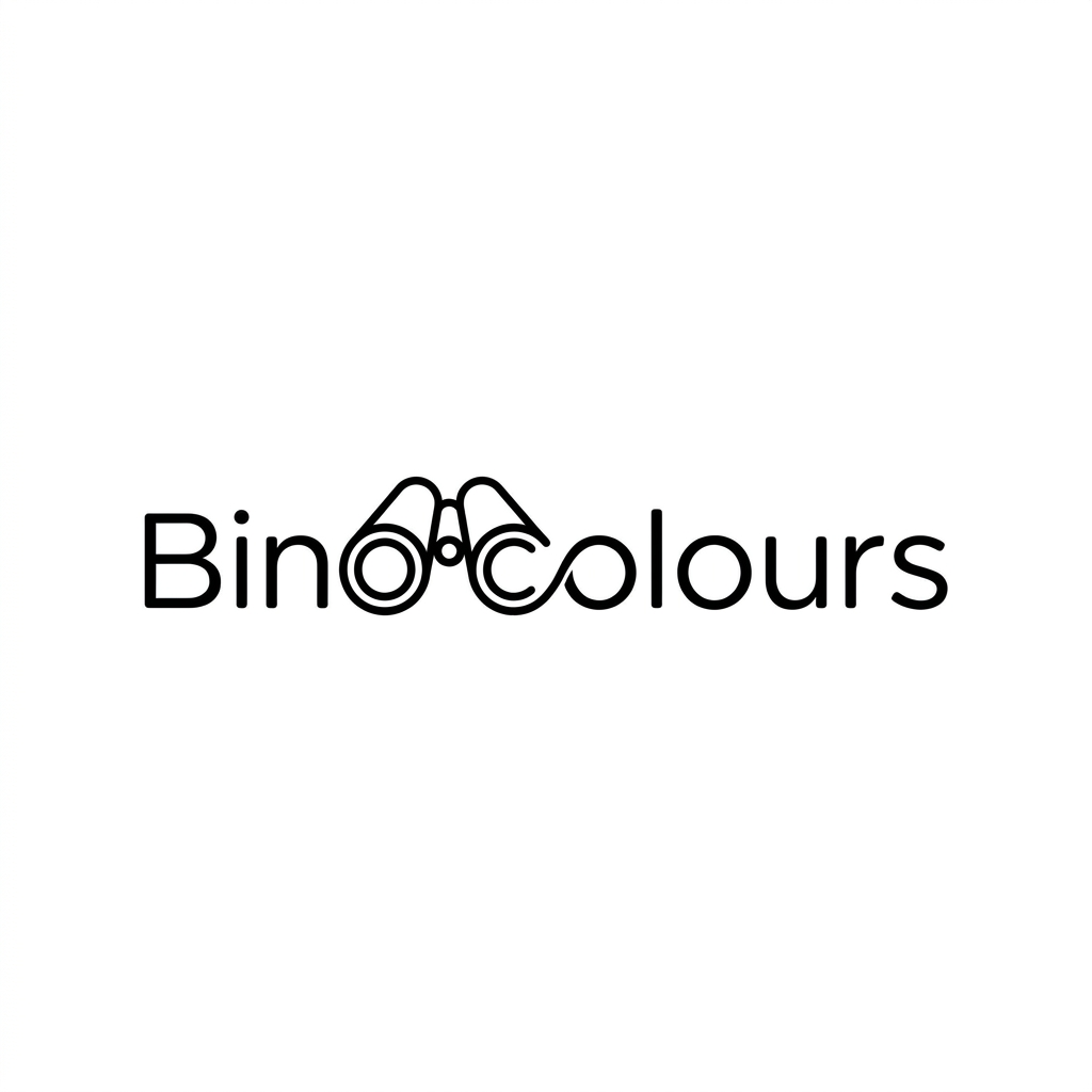 AI Design for A minimalist one-line logo design for a discovery platform called BinoColours, featuring a clever visual integration of binocular lenses into the typography. The design should be sleek, continuous, and monochromatic, symbolizing deep exploration into nature, science, and history. Use clean, fluid lines that evoke curiosity and precision, suitable for both a favicon and a professional wordmark.