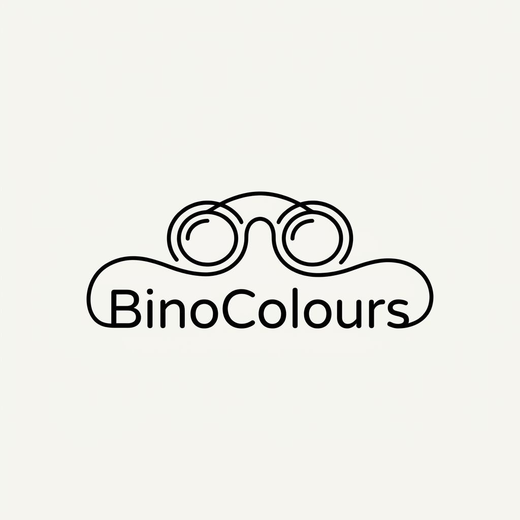 AI Design for A minimalist one-line logo design for a discovery platform called BinoColours, featuring a clever visual integration of binocular lenses into the typography. The design should be sleek, continuous, and monochromatic, symbolizing deep exploration into nature, science, and history. Use clean, fluid lines that evoke curiosity and precision, suitable for both a favicon and a professional wordmark.