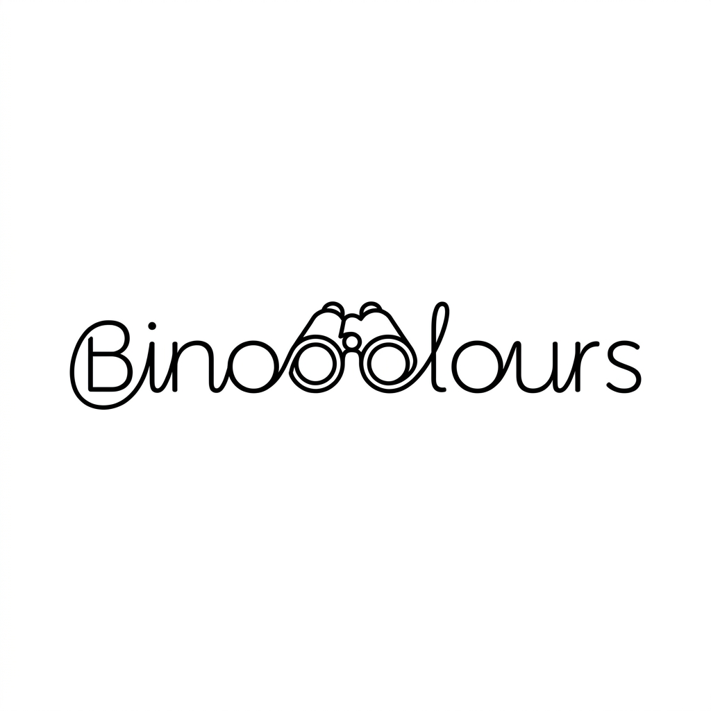 AI Design for A minimalist one-line logo design for a discovery platform called BinoColours, featuring a clever visual integration of binocular lenses into the typography. The design should be sleek, continuous, and monochromatic, symbolizing deep exploration into nature, science, and history. Use clean, fluid lines that evoke curiosity and precision, suitable for both a favicon and a professional wordmark.