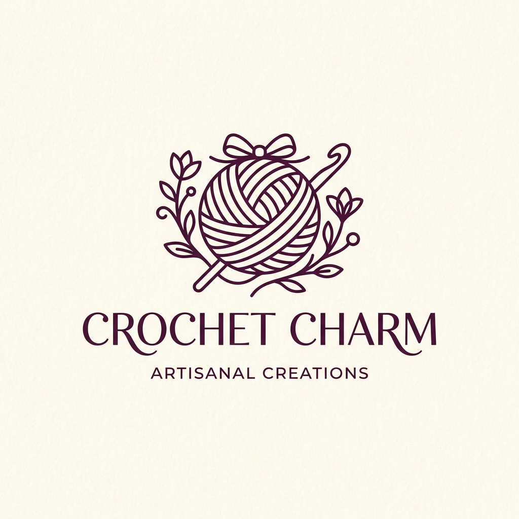 AI Design for A sophisticated and minimalist logo for a crochet brand, featuring an elegant, stylized yarn ball and needle icon intertwined with delicate floral linework. The color palette consists of a warm, creamy off-white background with deep, rich plum-toned (#54263A) accents. The design should utilize clean, modern typography with a refined serif font, emphasizing craftsmanship and high-end artisanal charm. add a bow on top of the crochet ball and make it look cute and the name is CROCHET CHARM write that in a elegant way but also make it cute too