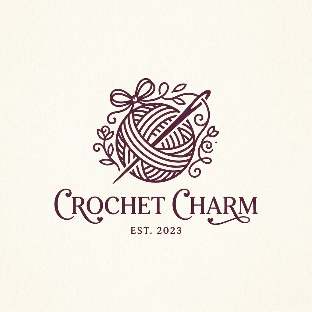 AI Design for A sophisticated and minimalist logo for a crochet brand, featuring an elegant, stylized yarn ball and needle icon intertwined with delicate floral linework. The color palette consists of a warm, creamy off-white background with deep, rich plum-toned (#54263A) accents. The design should utilize clean, modern typography with a refined serif font, emphasizing craftsmanship and high-end artisanal charm. add a bow on top of the crochet ball and make it look cute and the name is CROCHET CHARM write that in a elegant way but also make it cute too
