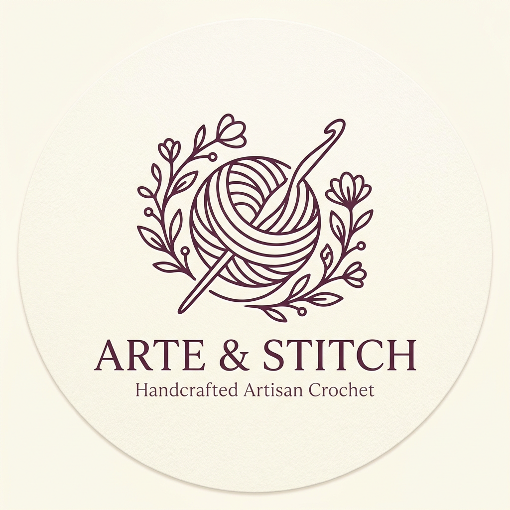 AI Design for A sophisticated and minimalist logo for a crochet brand, featuring an elegant, stylized yarn ball and needle icon intertwined with delicate floral linework. The color palette consists of a warm, creamy off-white background with deep, rich plum-toned (#54263A) accents. The design should utilize clean, modern typography with a refined serif font, emphasizing craftsmanship and high-end artisanal charm.