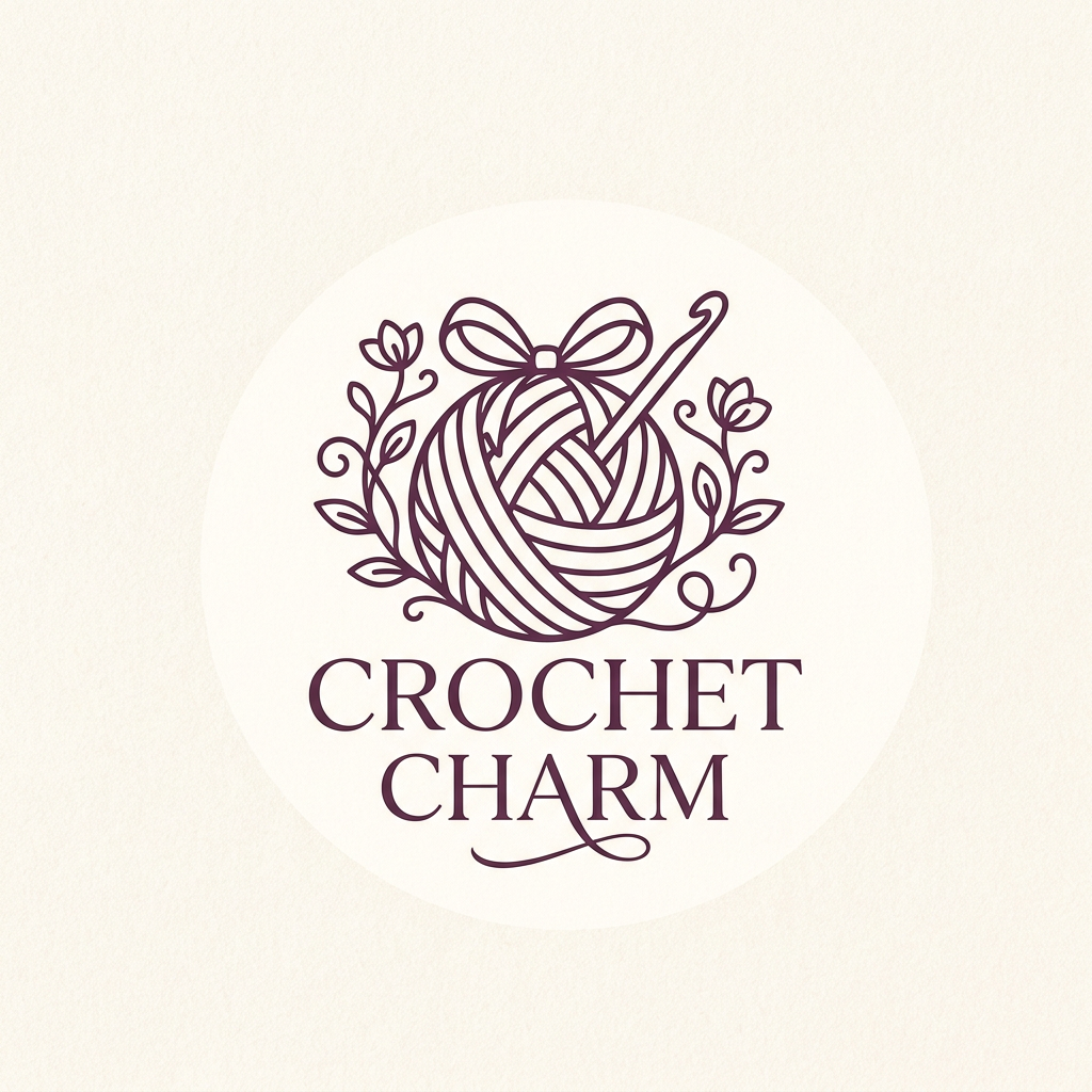 AI Design for A sophisticated and minimalist logo for a crochet brand, featuring an elegant, stylized yarn ball and needle icon intertwined with delicate floral linework. The color palette consists of a warm, creamy off-white background with deep, rich plum-toned (#54263A) accents. The design should utilize clean, modern typography with a refined serif font, emphasizing craftsmanship and high-end artisanal charm. add a bow on top of the crochet ball and make it look cute and the name is CROCHET CHARM write that in a elegant way but also make it cute too
