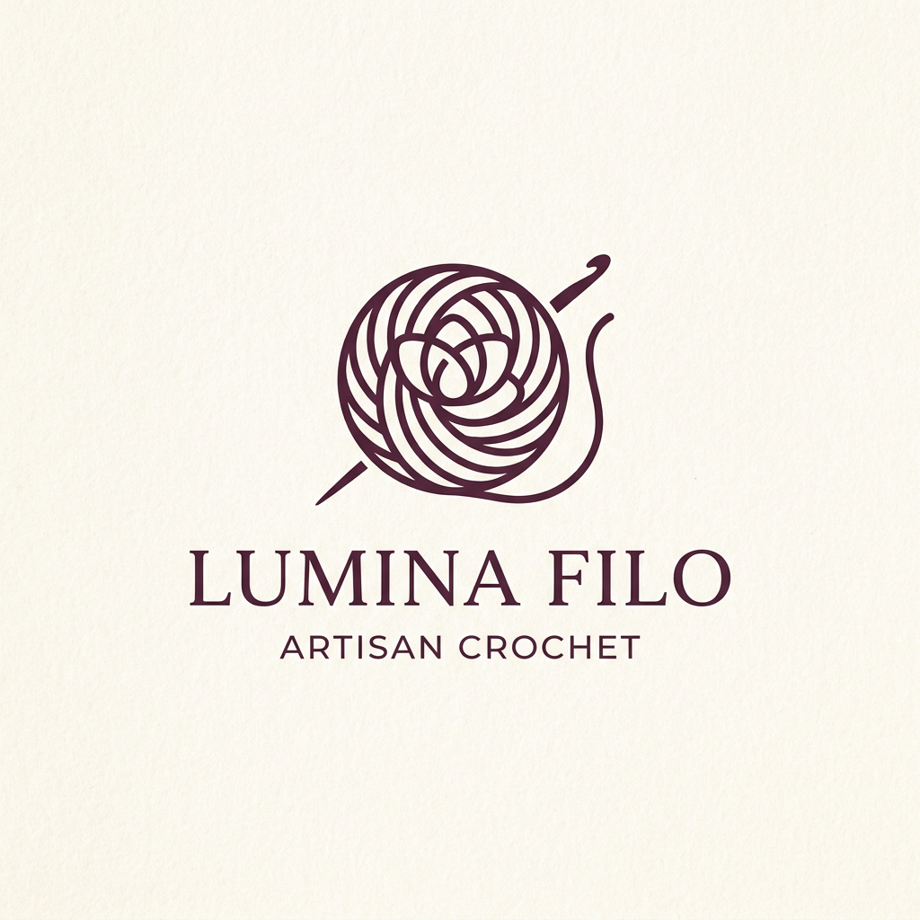 AI Design for A sophisticated and minimalist logo for a crochet brand, featuring an elegant, stylized yarn ball and needle icon intertwined with delicate floral linework. The color palette consists of a warm, creamy off-white background with deep, rich plum-toned (#54263A) accents. The design should utilize clean, modern typography with a refined serif font, emphasizing craftsmanship and high-end artisanal charm.
