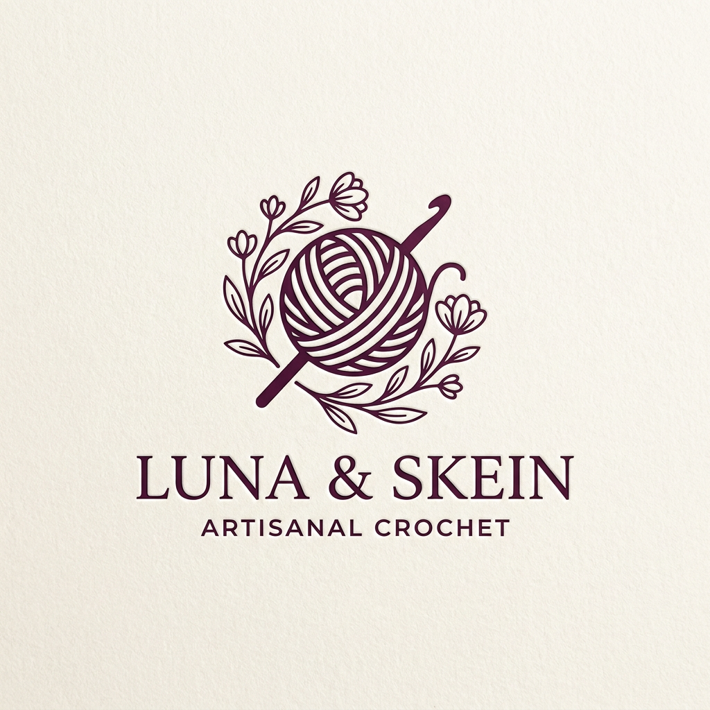 AI Design for A sophisticated and minimalist logo for a crochet brand, featuring an elegant, stylized yarn ball and needle icon intertwined with delicate floral linework. The color palette consists of a warm, creamy off-white background with deep, rich plum-toned (#54263A) accents. The design should utilize clean, modern typography with a refined serif font, emphasizing craftsmanship and high-end artisanal charm.