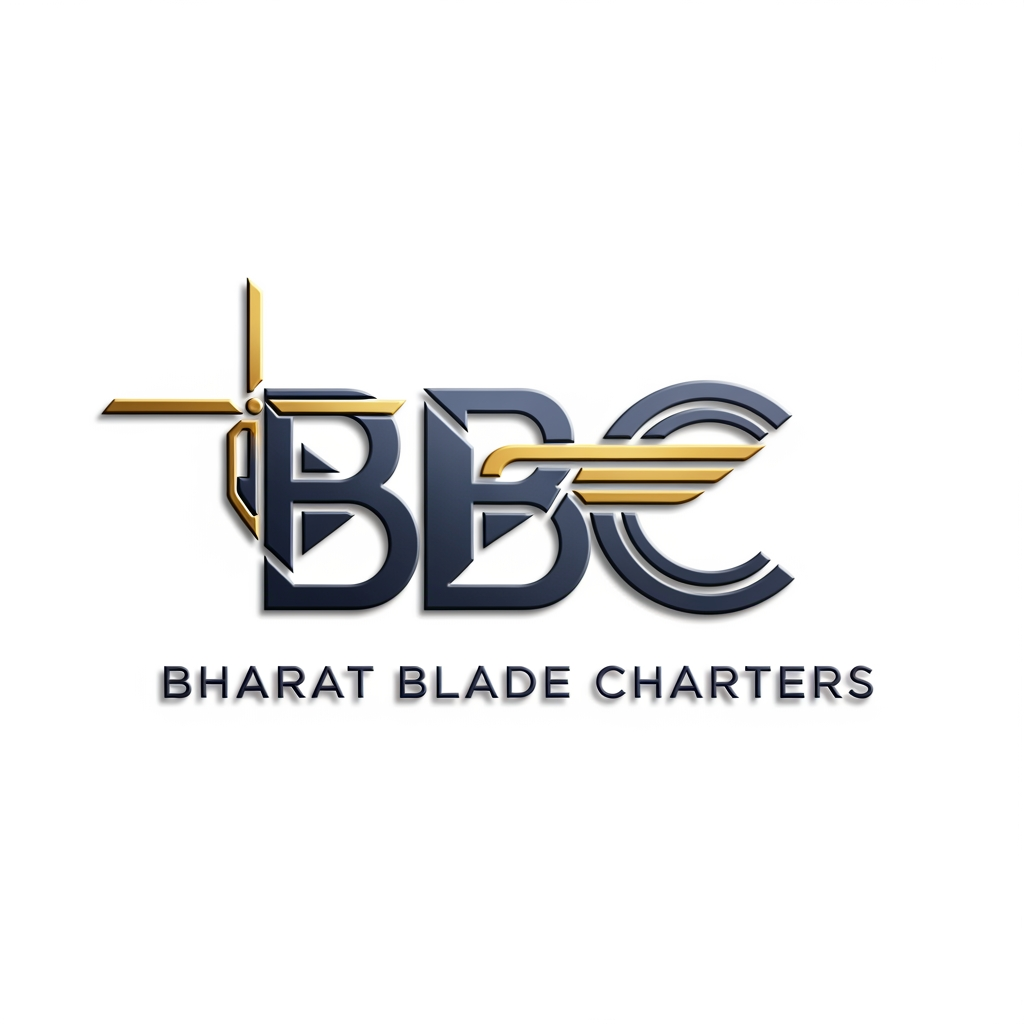 AI Design for Design a world-class luxury aviation logo for "BBC – Bharat Blade Charters", a premium helicopter and private jet charter company. Create a sophisticated emblem where the letters BBC are seamlessly integrated with helicopter rotor blades, jet wings, and subtle aviation-inspired geometry. The logo should convey speed, precision, safety, trust, innovation, and luxury. Use a deep navy blue and metallic gold color palette with a premium 3D metallic finish. Clean vector design, sharp edges, balanced symmetry, modern corporate branding, minimal yet powerful. Include the full company name "Bharat Blade Charters" beneath the emblem in an elegant sans-serif font. Suitable for aircraft livery, uniforms, websites, business cards, hangars, and luxury branding. Ultra-professional, Fortune 500 quality, high-end aviation identity, white background, realistic lighting, award-winning logo design.