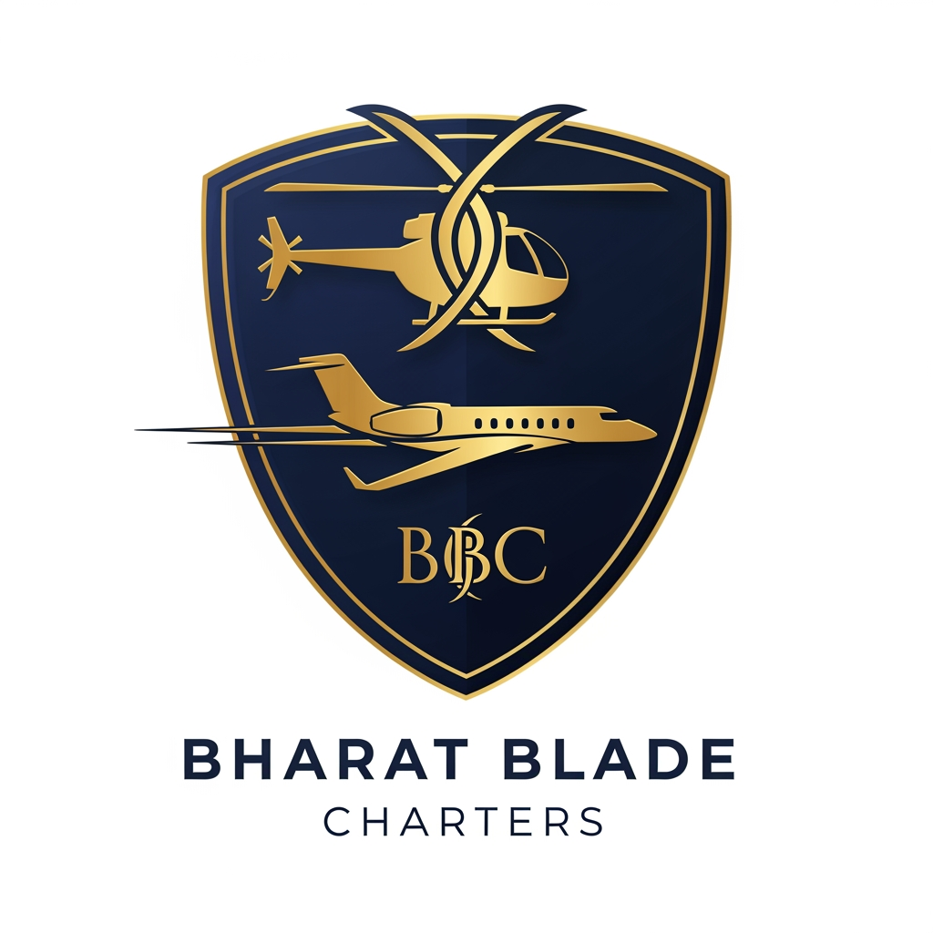 AI Design for Design a prestigious aviation logo for BBC Bharat Blade Charters featuring a luxury shield emblem. Integrate rotor blades, private jet silhouette, and BBC initials into one cohesive mark. Deep navy blue, gold metallic accents, premium aviation aesthetics, executive charter company branding, modern luxury appearance, clean vector artwork, subtle 3D depth, elegant typography, corporate identity standards, highly professional and trustworthy.