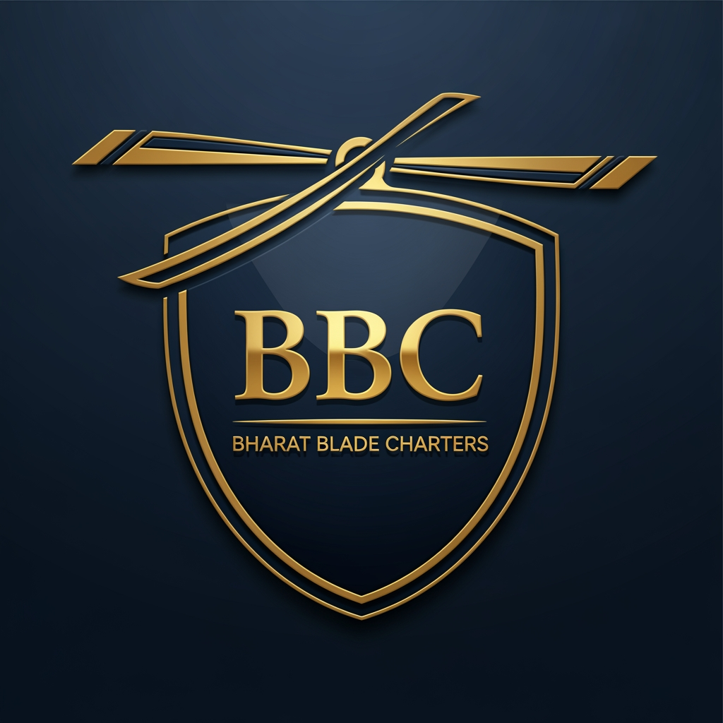 AI Design for Design an executive shield logo for BBC Bharat Blade Charters. The shield contains a stylized rotor blade at the top and elegant BBC initials in the center. Luxury gold detailing on deep navy blue, subtle 3D depth, premium charter aviation identity, trustworthy and prestigious appearance, clean vector design suitable for aircraft tails and uniforms.